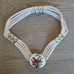 Vintage 80s Cloisonné Orchid Enamel Cream Triple Rope Belt Buckle Stretch EUC